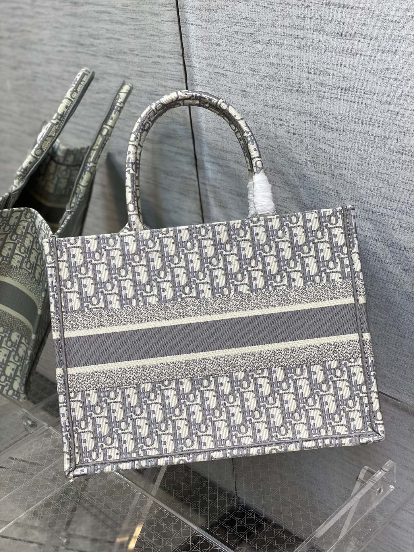 Christian Dior Grey Oblique Embroidery Book Tote Bag Large