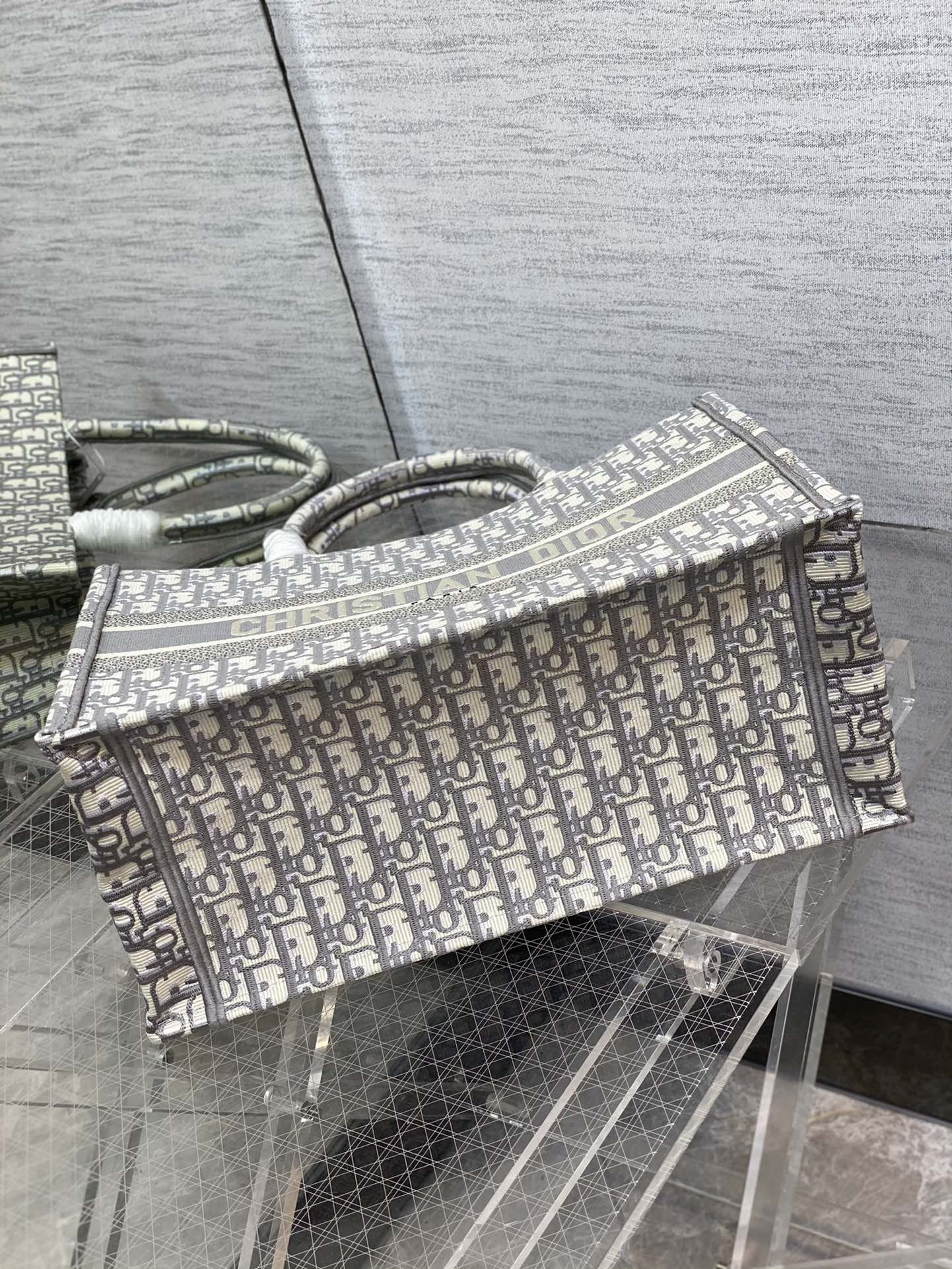 Christian Dior Grey Oblique Embroidery Book Tote Bag Large