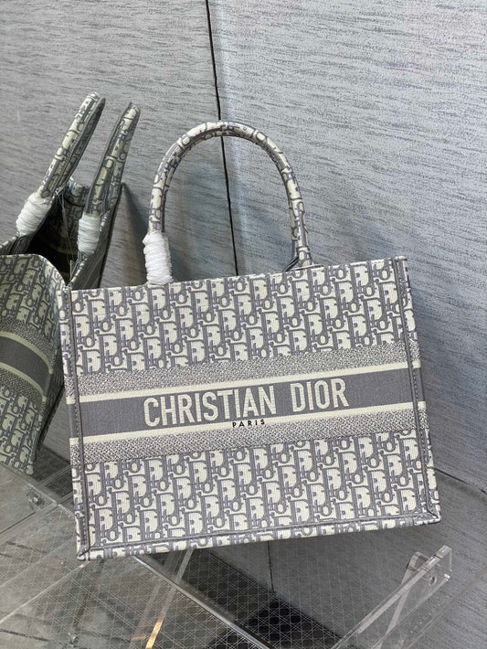 Dior Classic Grey Embroidered Monogram Structured Canvas Tote Bag