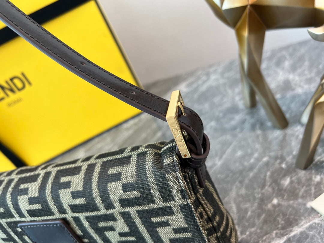 Fendi Baguette FF Monogram Canvas Shoulder Bag with Gold Hardware