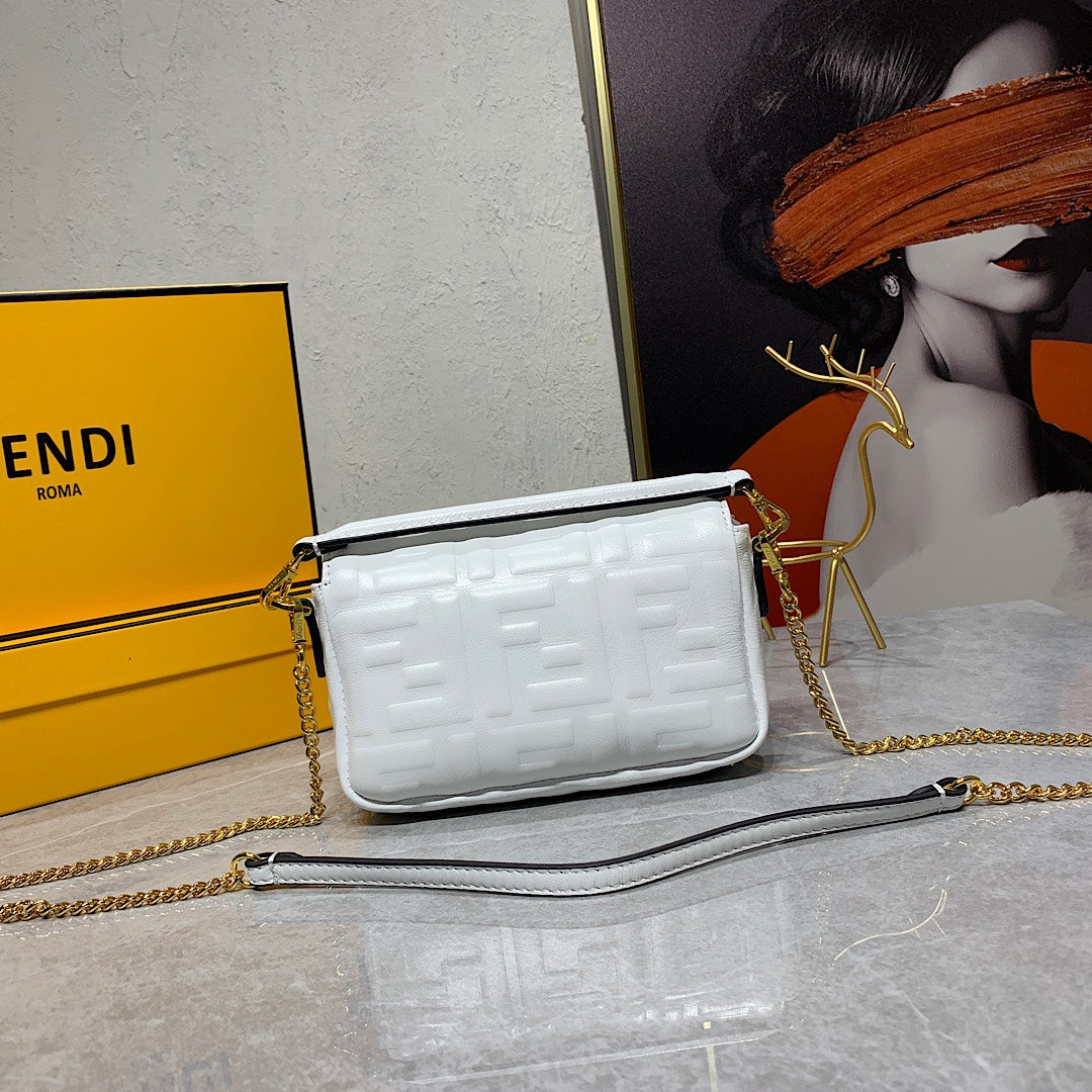 Fendi White Embossed FF Logo Baguette Bag with Gold-Tone Chain Strap