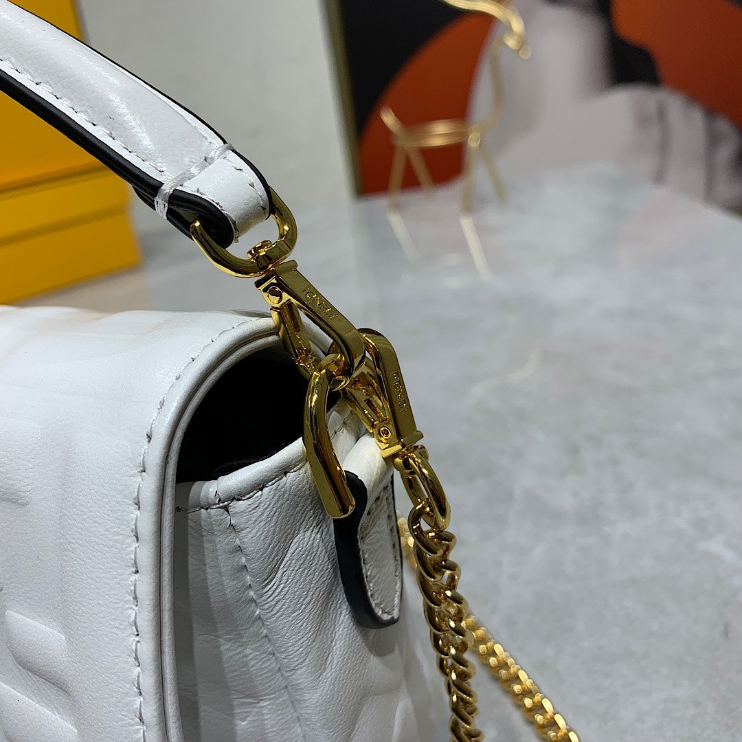 Fendi White Embossed Leather Baguette Bag with Gold-Tone Hardware