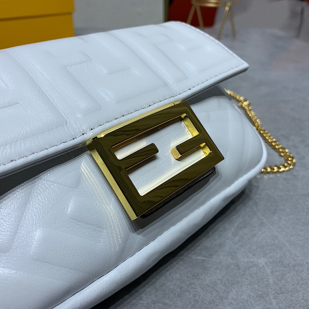 White Embossed Logo Baguette Crossbody Bag with Gold Chain Strap