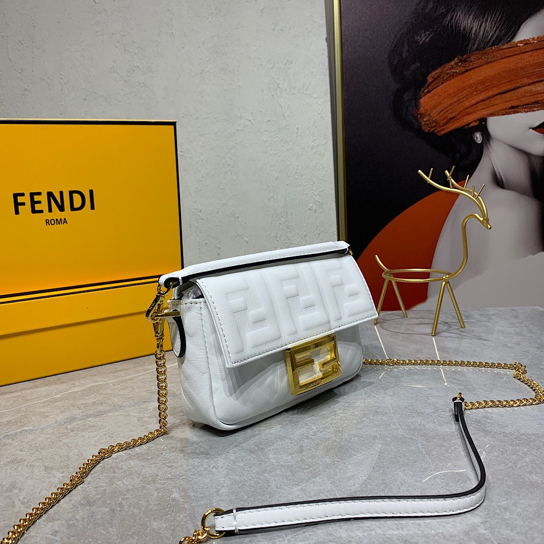Fendi Baguette White Leather Mini Bag with Gold-Tone Chain Strap