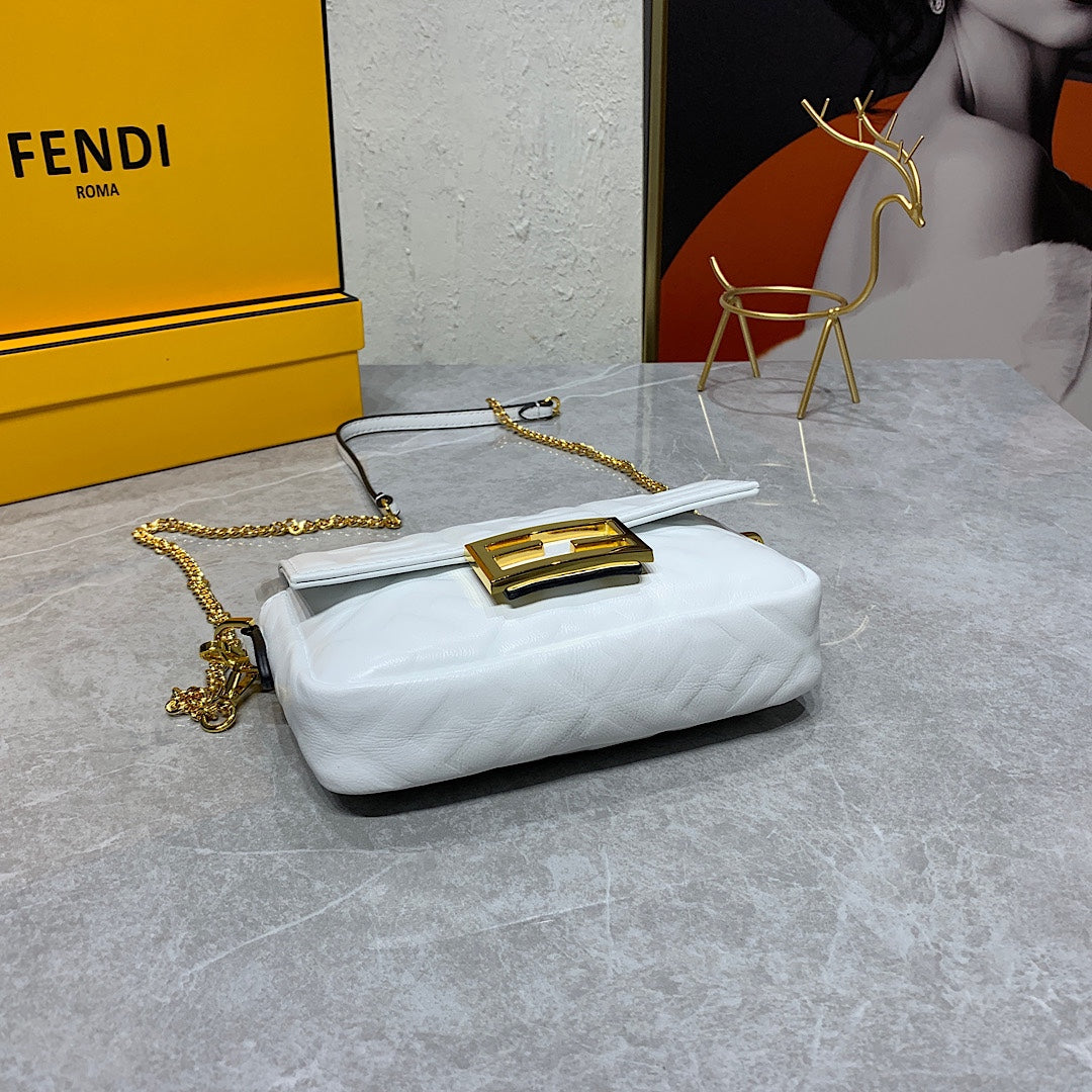 Fendi White Embossed Leather Baguette Bag with Gold-Tone Hardware