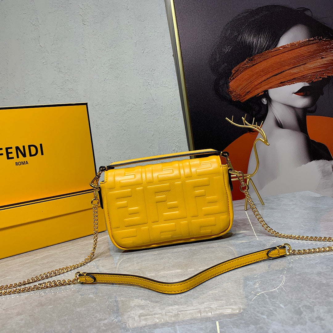 Fendi Yellow Embossed FF Baguette Mini Bag with Gold Chain Strap