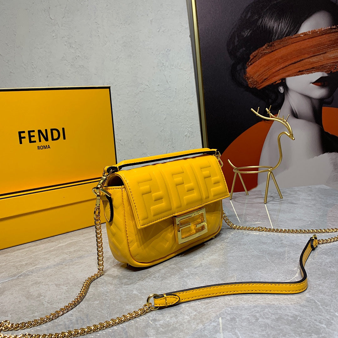Fendi Baguette Yellow Embossed FF Logo Leather Shoulder Bag with Gold Hardware