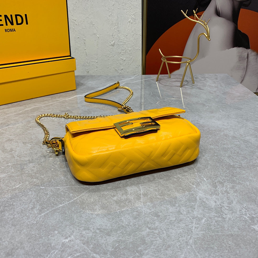 Fendi Yellow Embossed FF Baguette Mini Bag with Gold Chain Strap