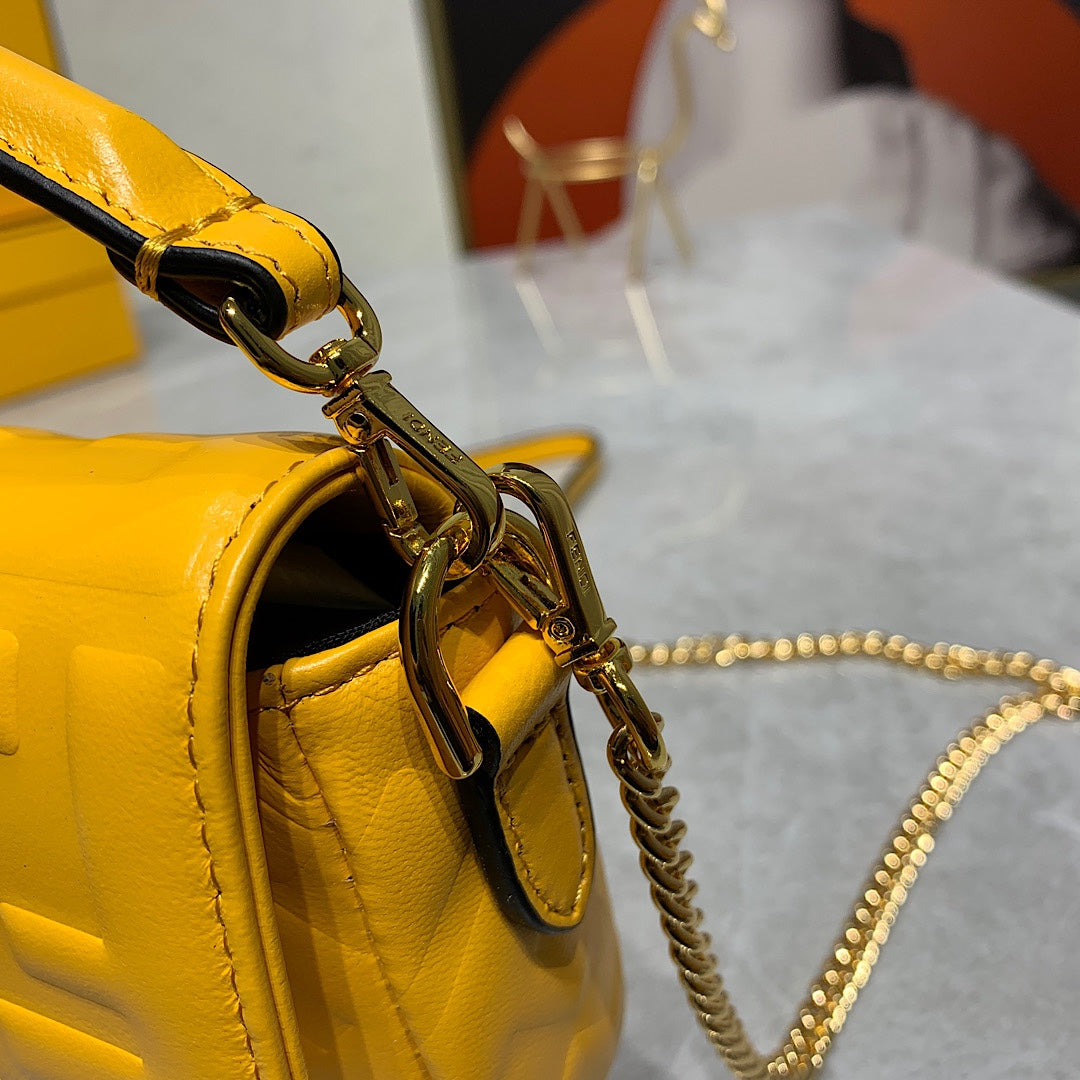 Fendi Yellow Embossed FF Baguette Mini Bag with Gold Chain Strap