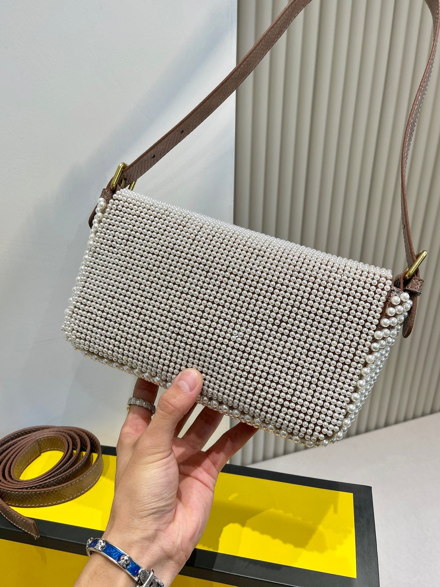 Luxury Patterned Beaded Baguette Shoulder Bag - Brown and Neutral Tones with Gold-Tone Buckle