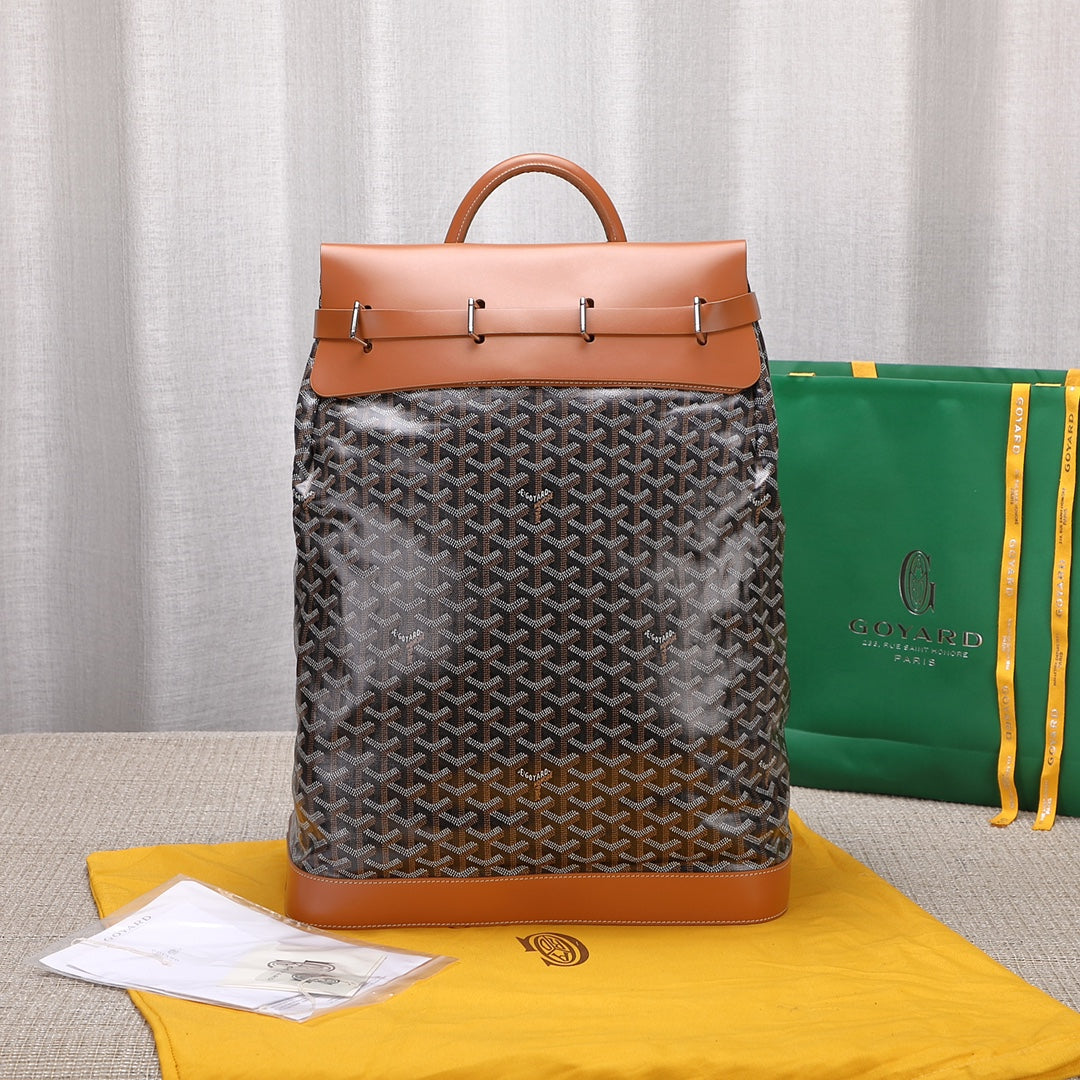 Gogy Luxury Chevron Pattern Canvas Backpack with Tan Leather Trim