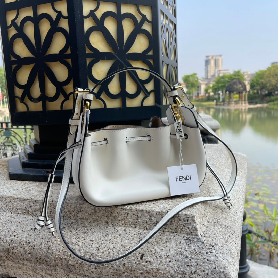 Fendi Small White Leather Bucket Bag - Luxury Drawstring Crossbody Handbag