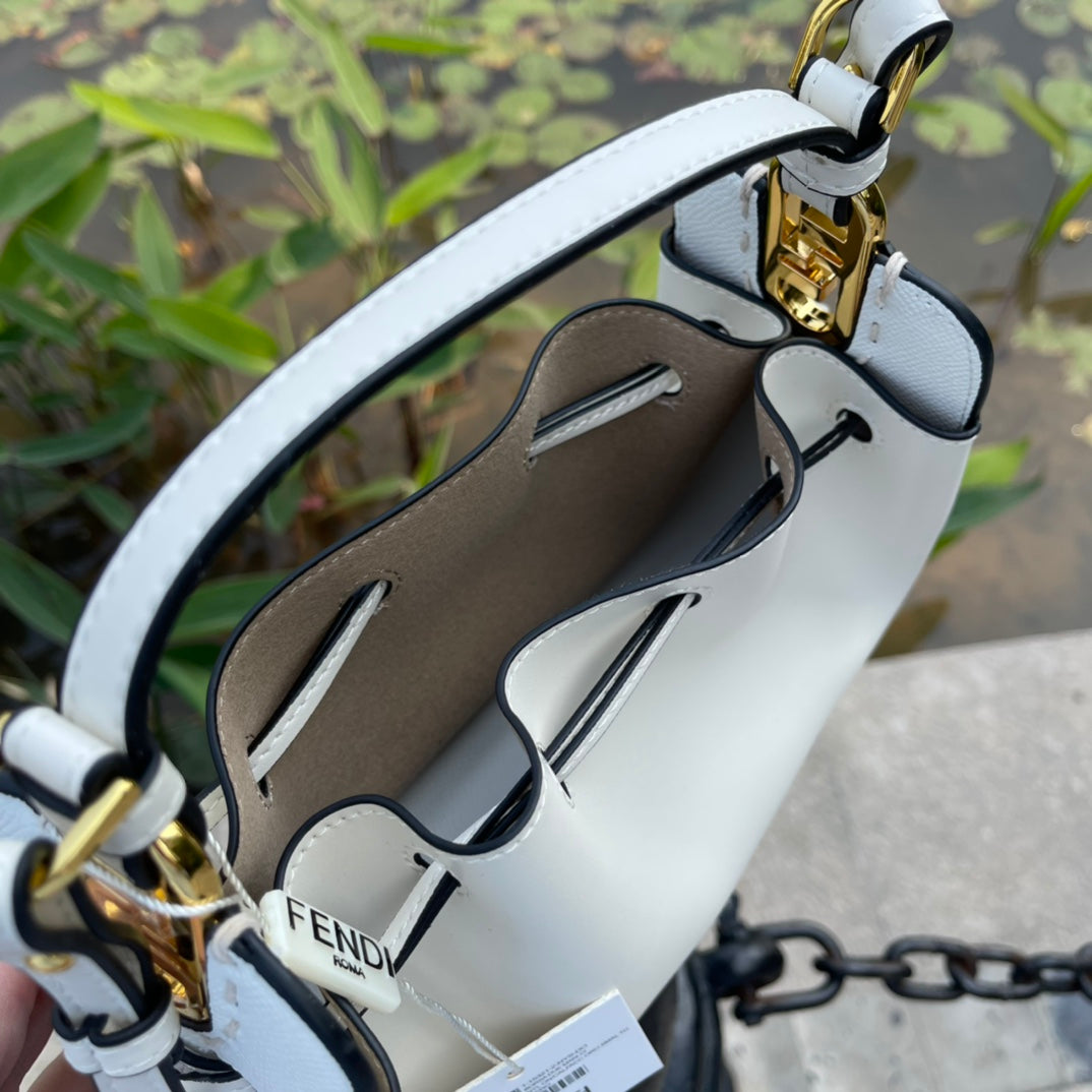 Fendi White Leather Mon Tresor Bucket Bag - Small Crossbody Handbag with Gold Hardware