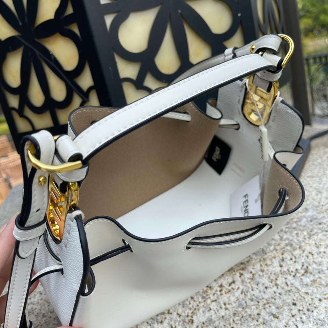 Fendi Small White Leather Bucket Bag - Luxury Drawstring Crossbody Handbag