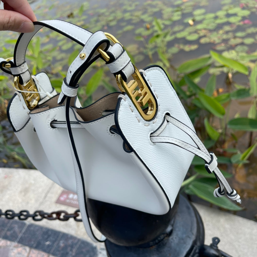 Fendi White Leather Mon Tresor Bucket Bag - Small Crossbody Handbag with Gold Hardware