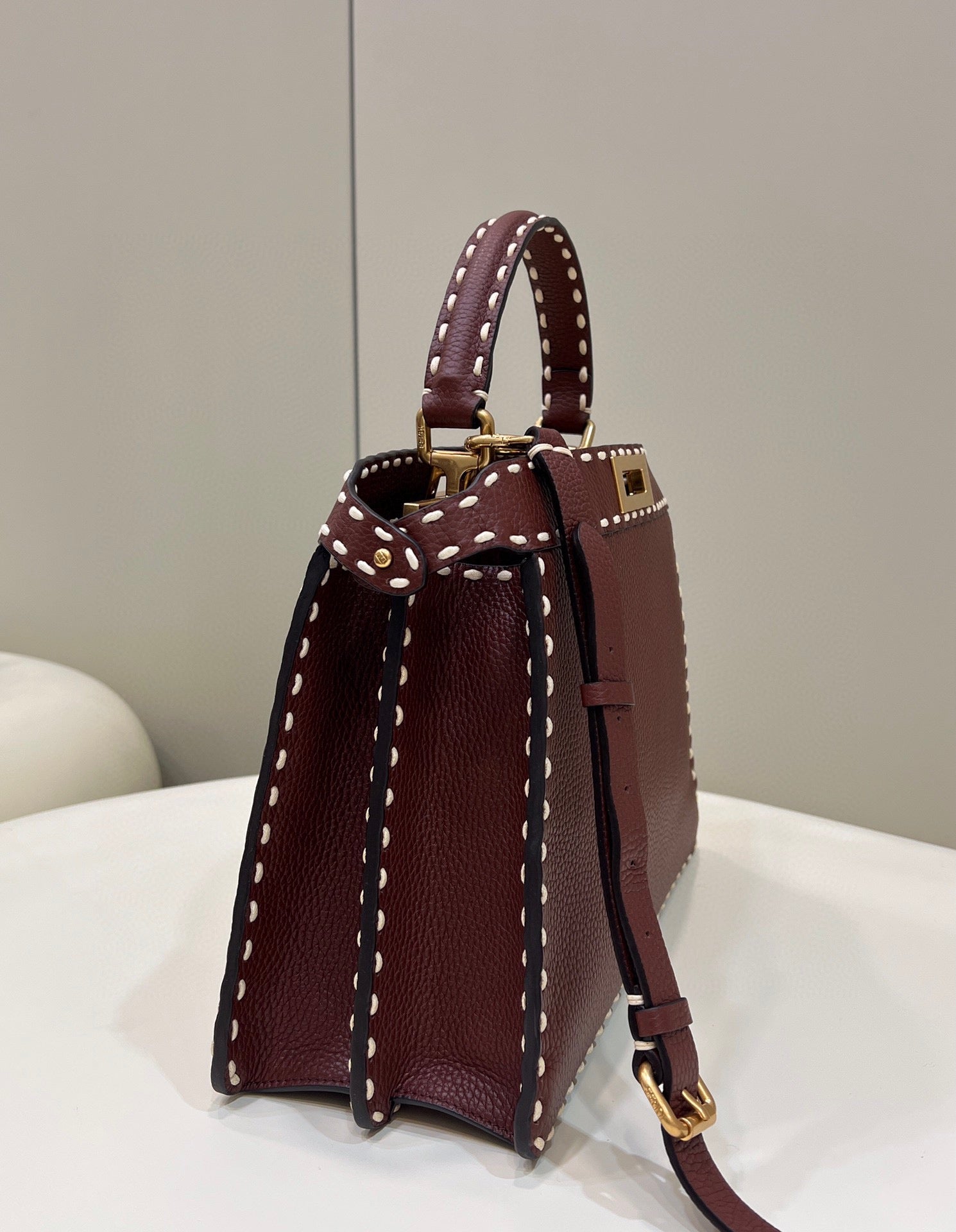 Burgundy Leather Top Handle Handbag with Matching Card Holder - White Contrast Stitching