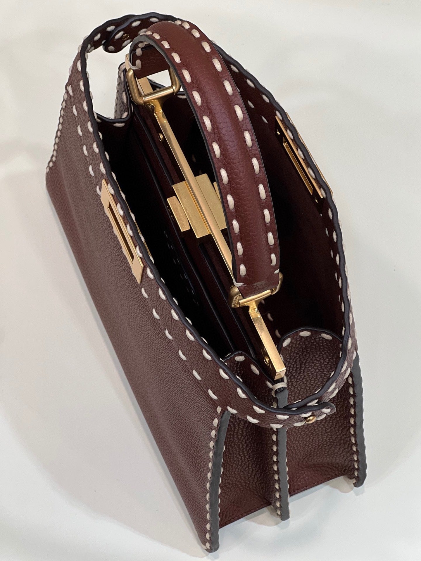 Burgundy Leather Top Handle Handbag with Matching Card Holder - White Contrast Stitching