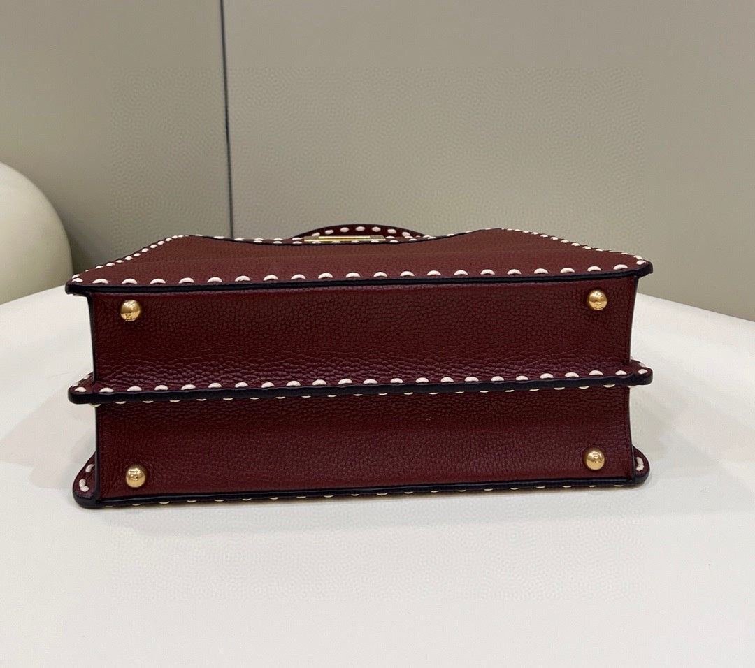 Sophisticated Burgundy Top Handle Handbag with White Contrast Stitching and Matching Wallet