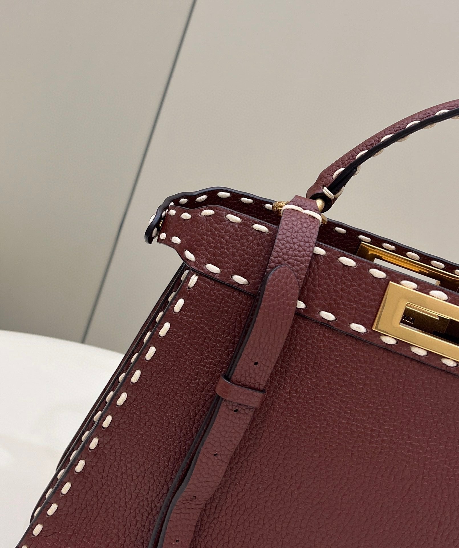 Burgundy Leather Top Handle Handbag with Matching Card Holder - White Contrast Stitching