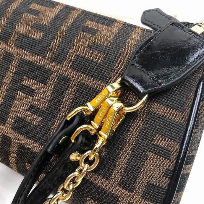 Fendi FF Logo Monogram Canvas Mini Bag with Gold Chain and Leather Strap
