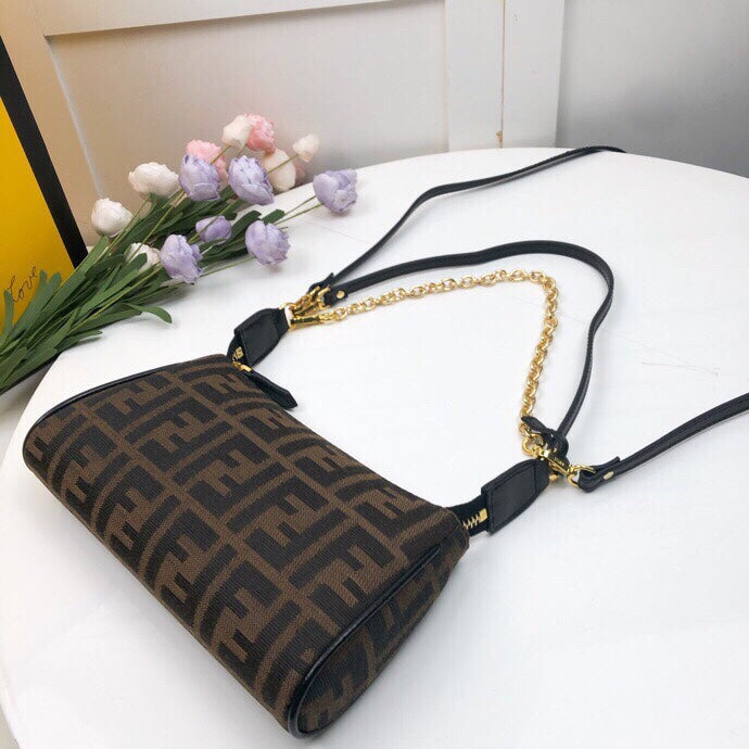 Fendi FF Logo Monogram Canvas Mini Bag with Gold Chain and Leather Strap