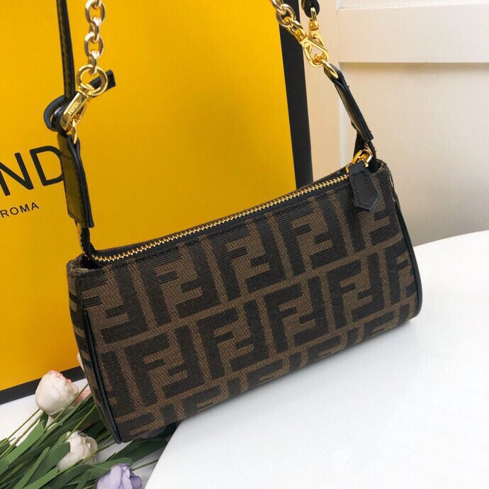 Fendi FF Logo Monogram Canvas Mini Bag with Gold Chain and Leather Strap
