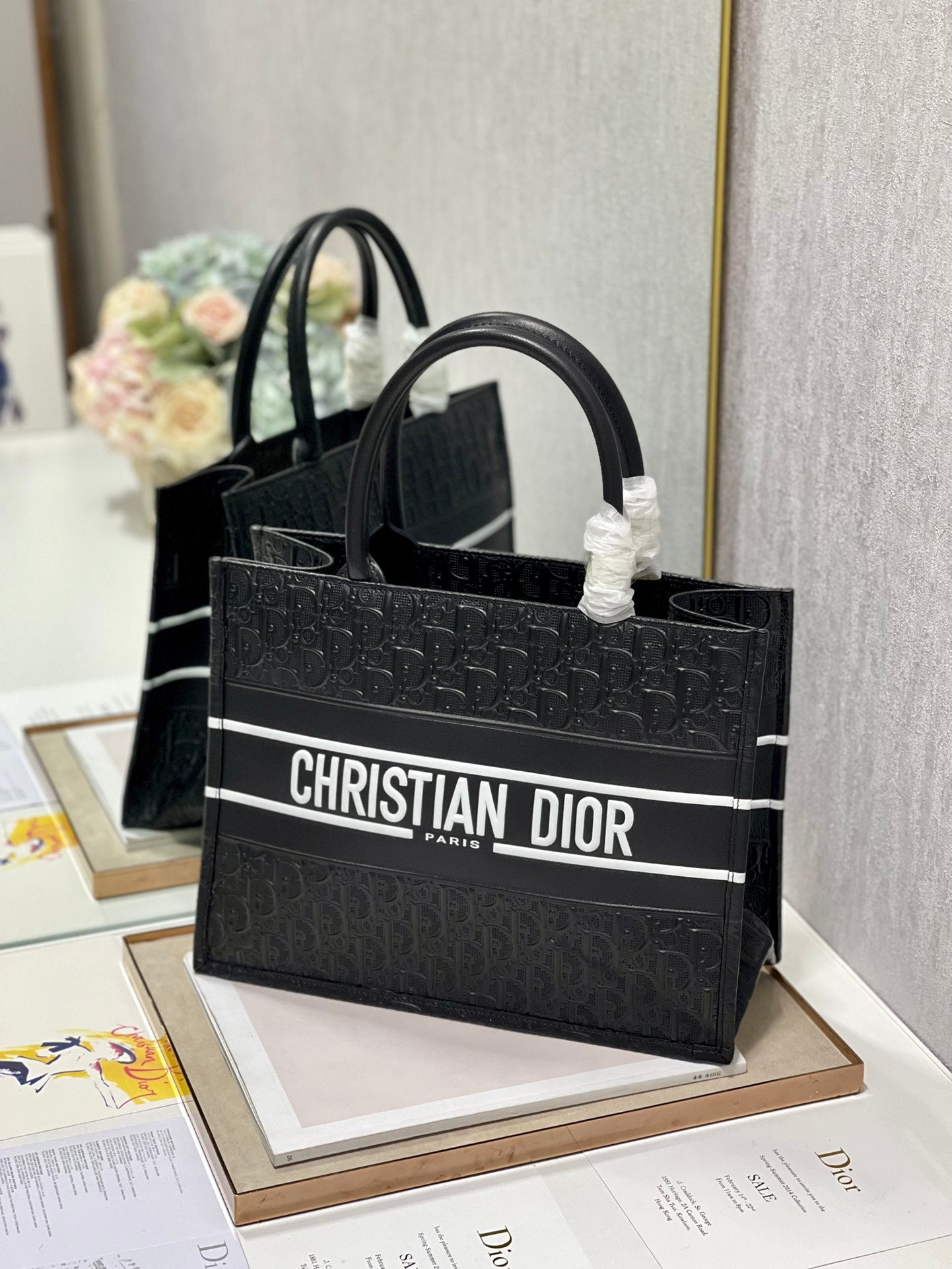 Dior Elegant Black Embossed Leather Top Handle Square Tote Bag