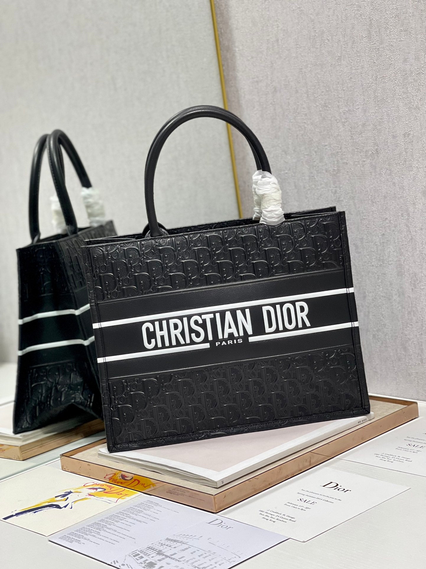 Dior Elegant Black Embossed Leather Top Handle Square Tote Bag