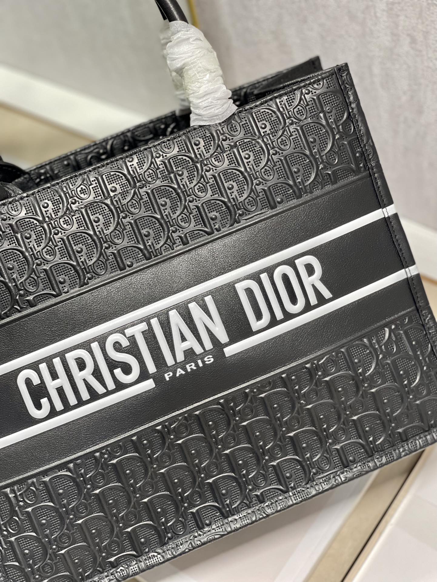 Dior Elegant Black Embossed Leather Top Handle Square Tote Bag
