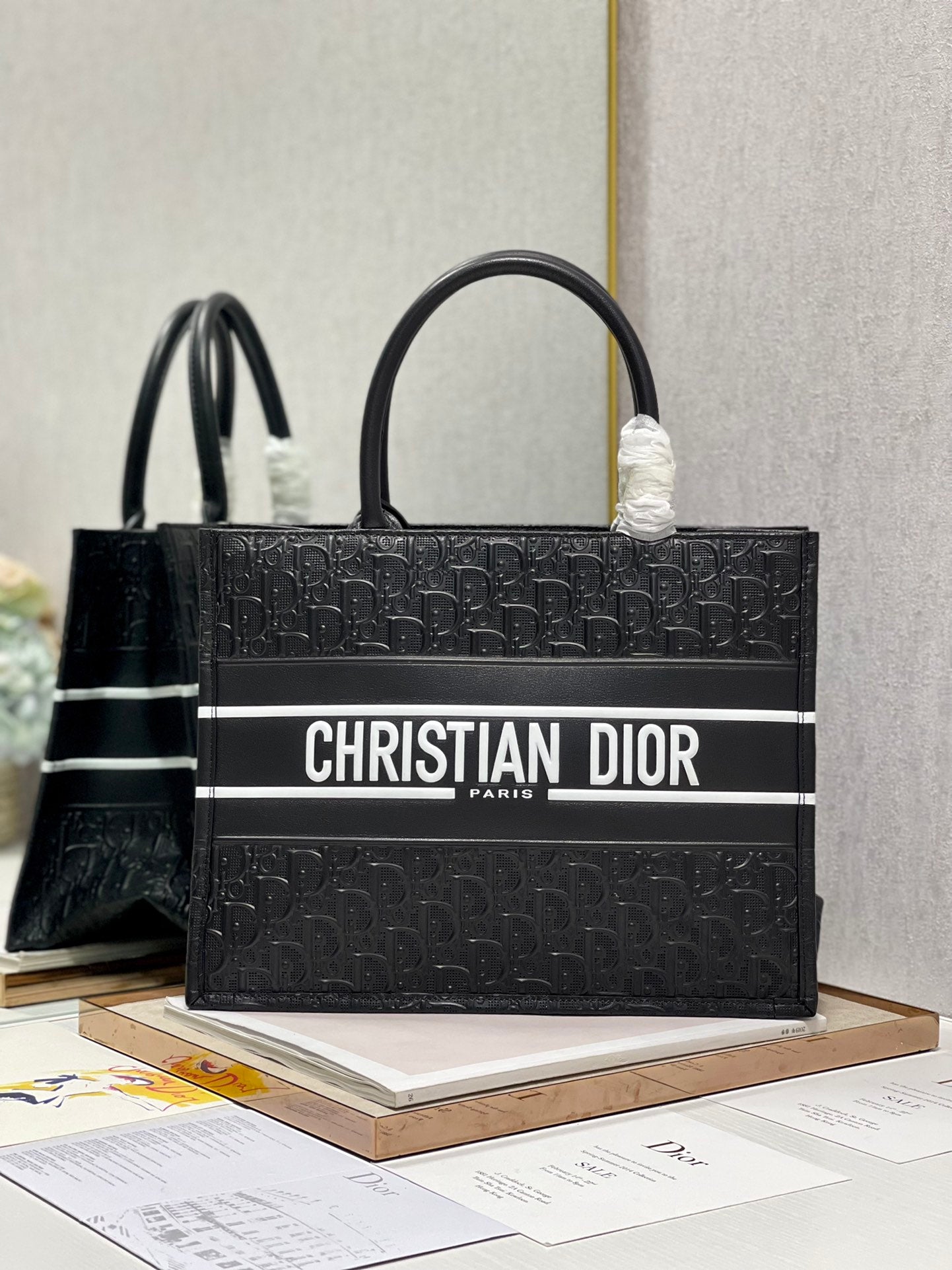 Dior Classic Black Embossed Monogram Canvas Tote Bag with Top Handles