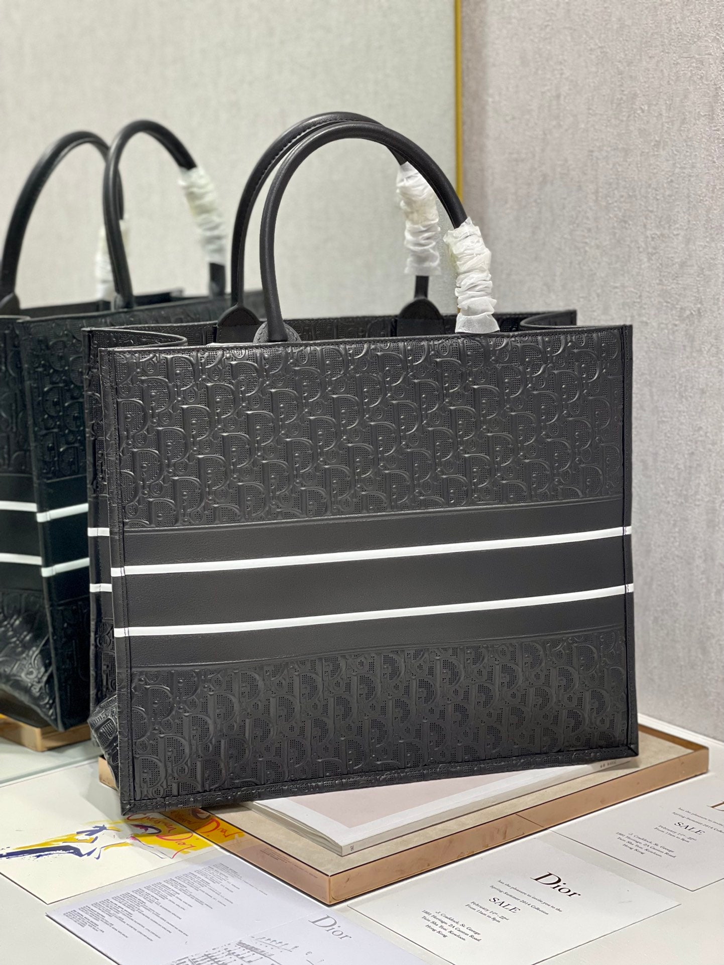 Dior Black Embossed Monogram Square Tote Bag with Top Handles