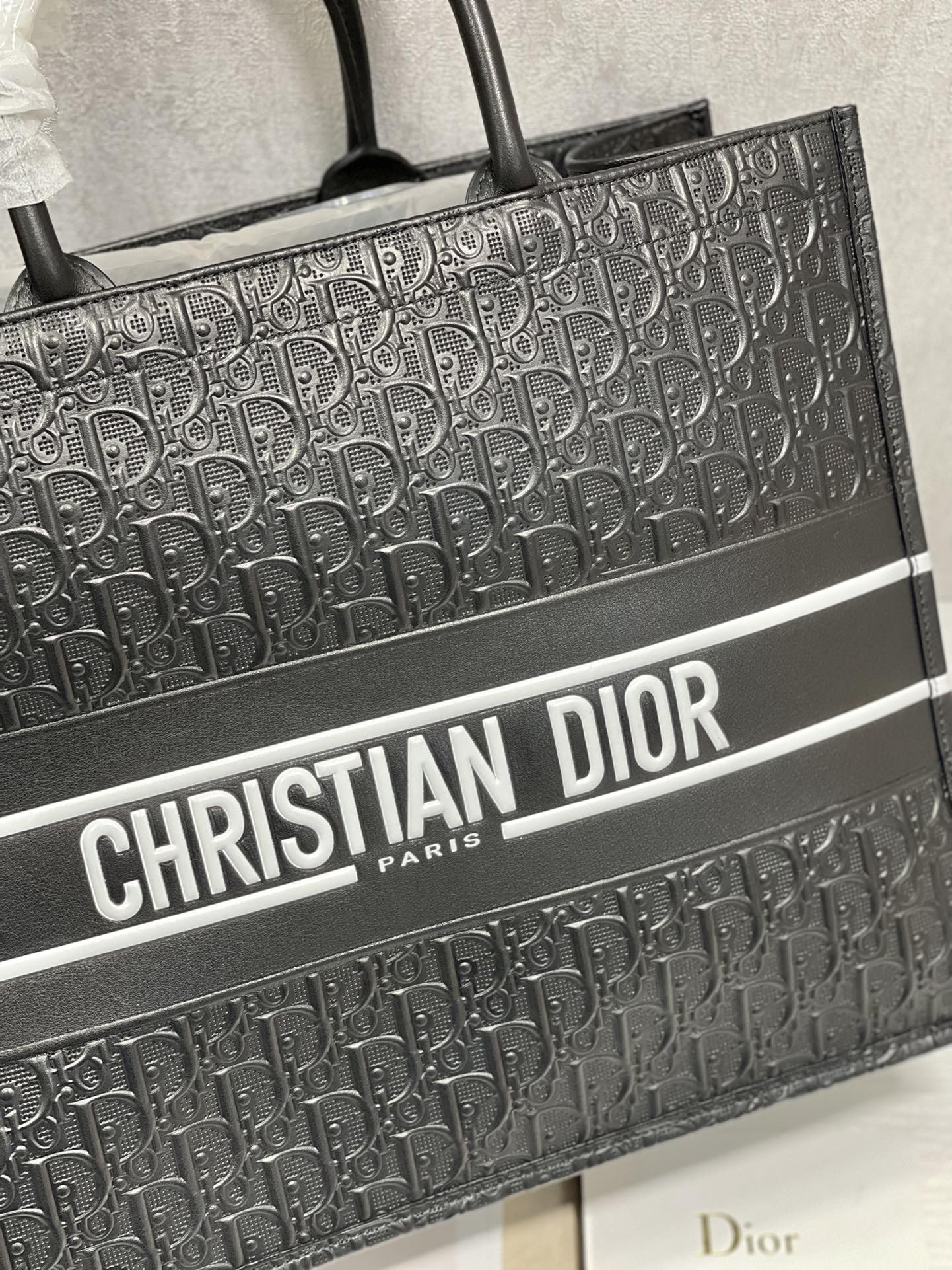 Dior Structured Black Monogram Embossed Tote Bag with Handles