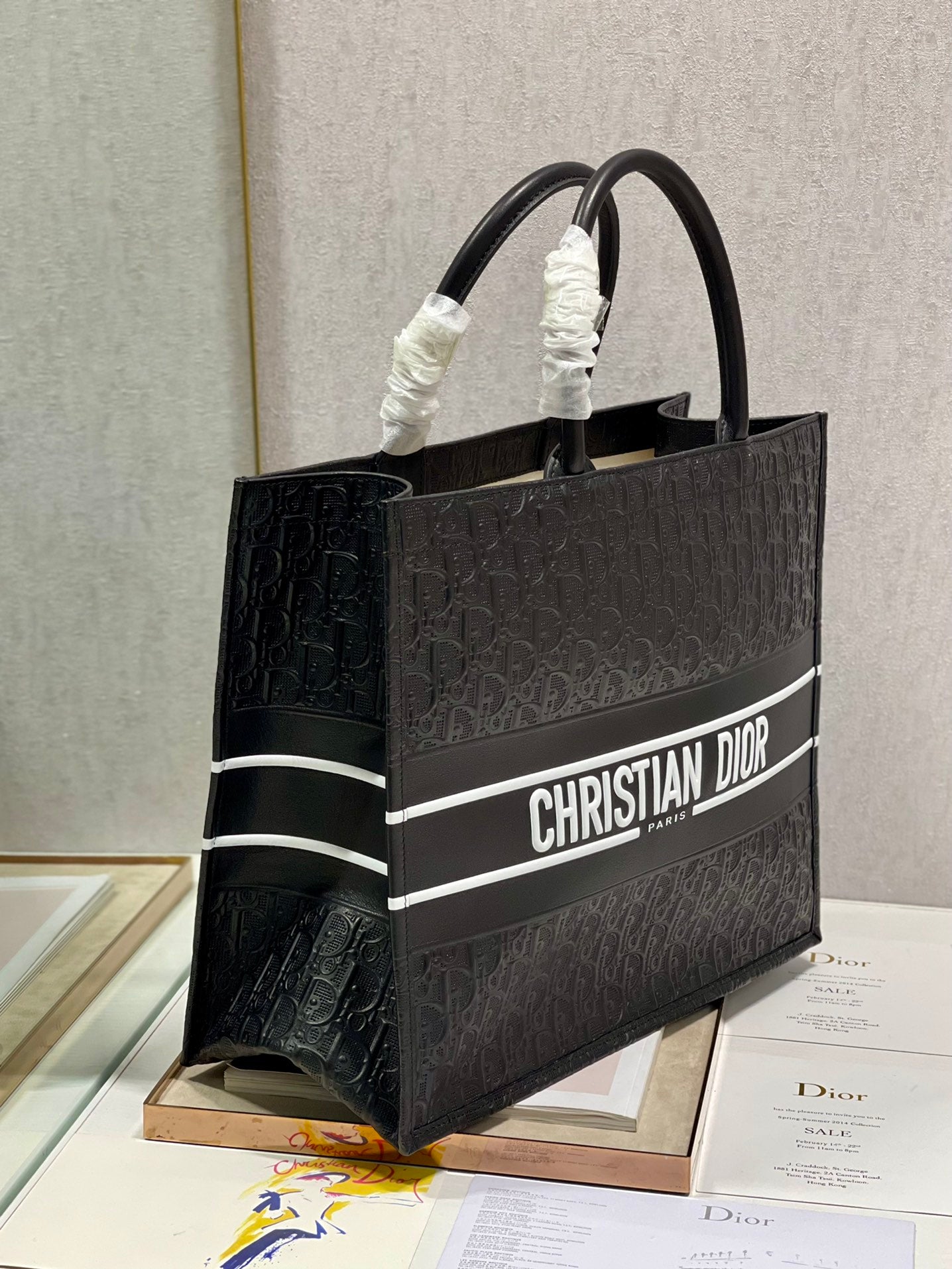 Dior Black Embossed Monogram Square Tote Bag with Top Handles