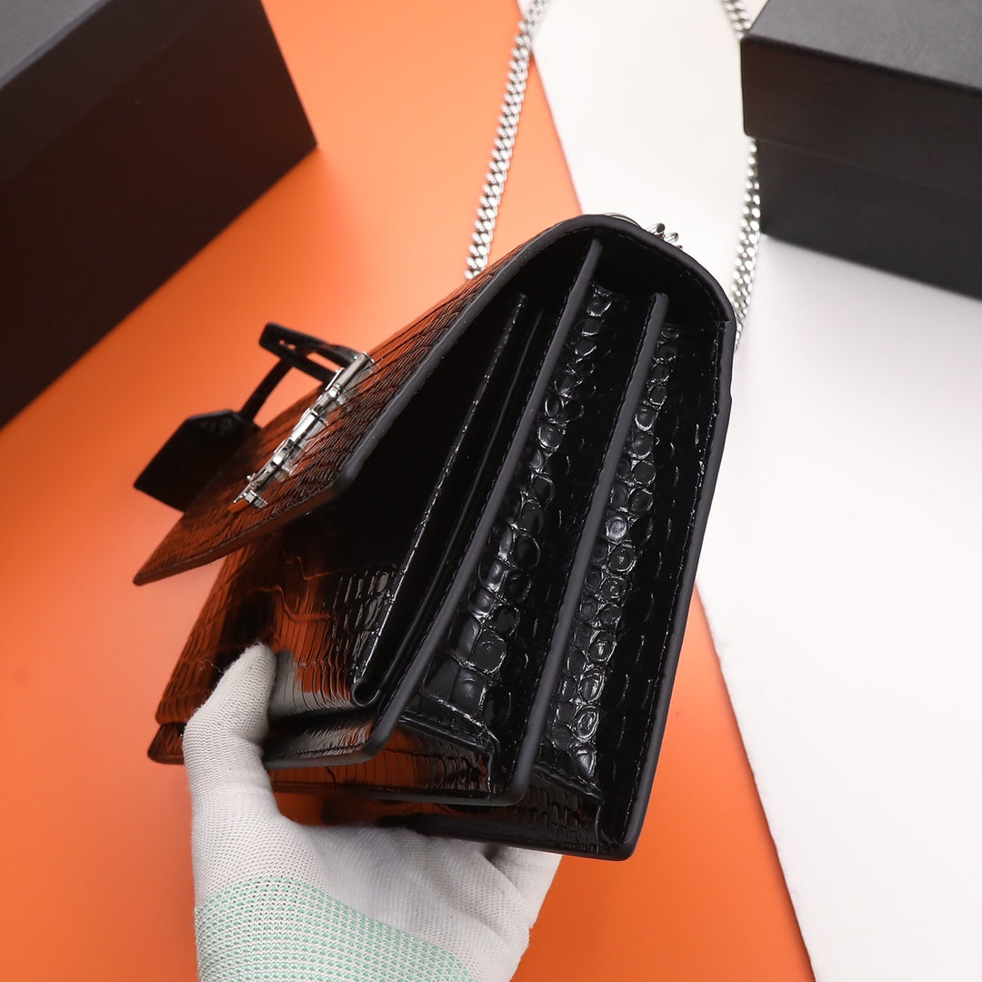 Saint Laurent Sunset Monogram Leather Chain Wallet - Black Crocodile Embossed