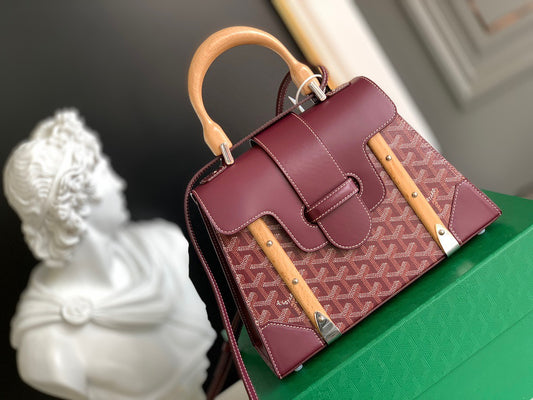 Gogy Burgundy Geometric Pattern Handbag with Wooden Top Handle