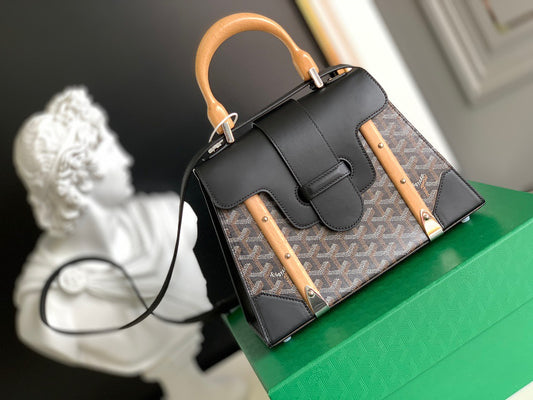 Gogy Classic Chevron Pattern Leather Handbag with Wooden Handle