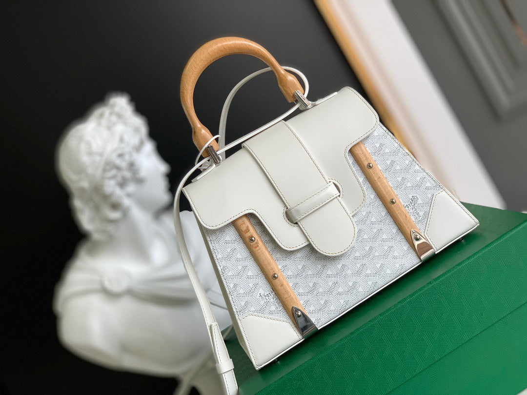 Gogy Elegant White Chevron Top Handle Handbag with Wooden Details
