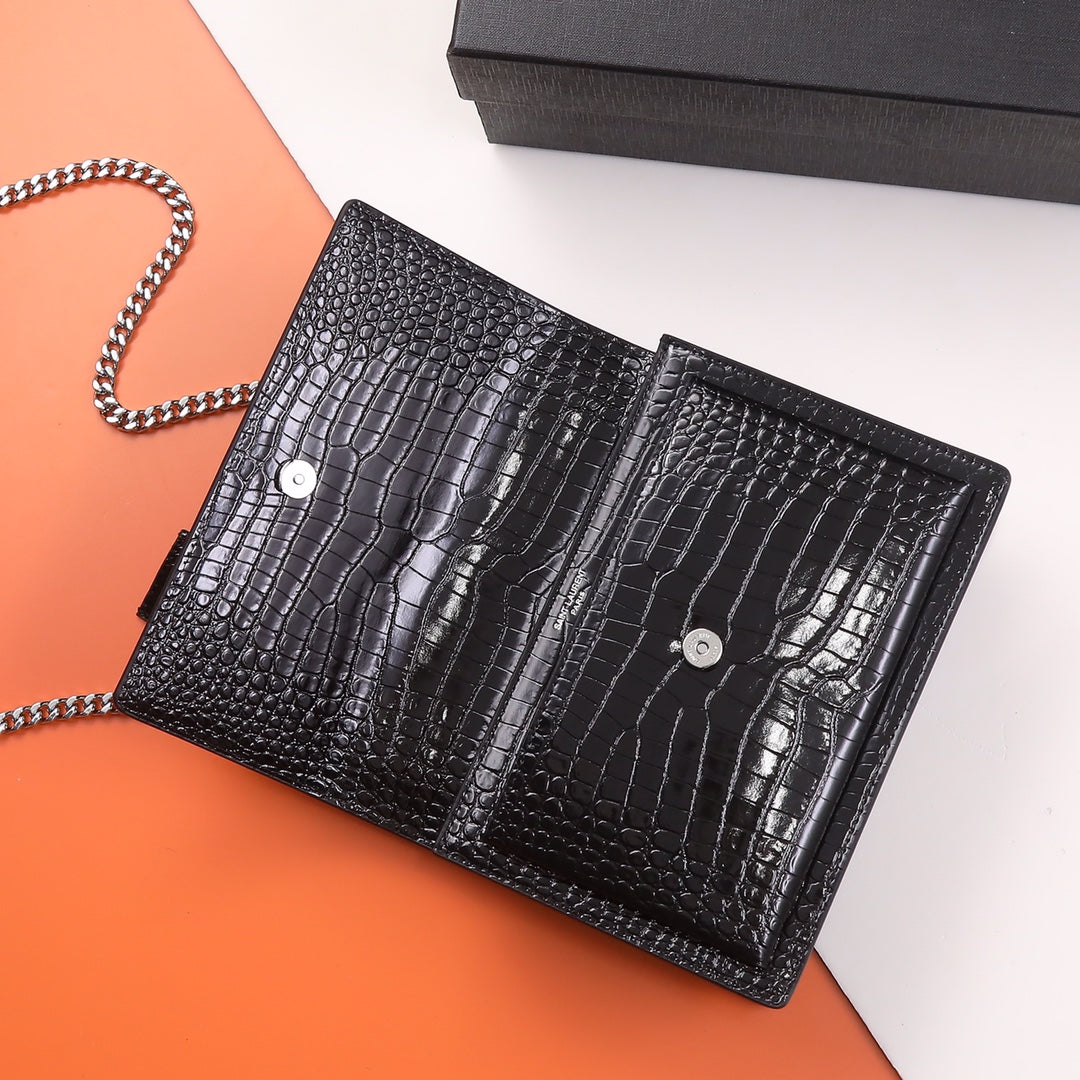 Saint Laurent Small Sunset Shoulder Bag in Crocodile-Embossed Leather