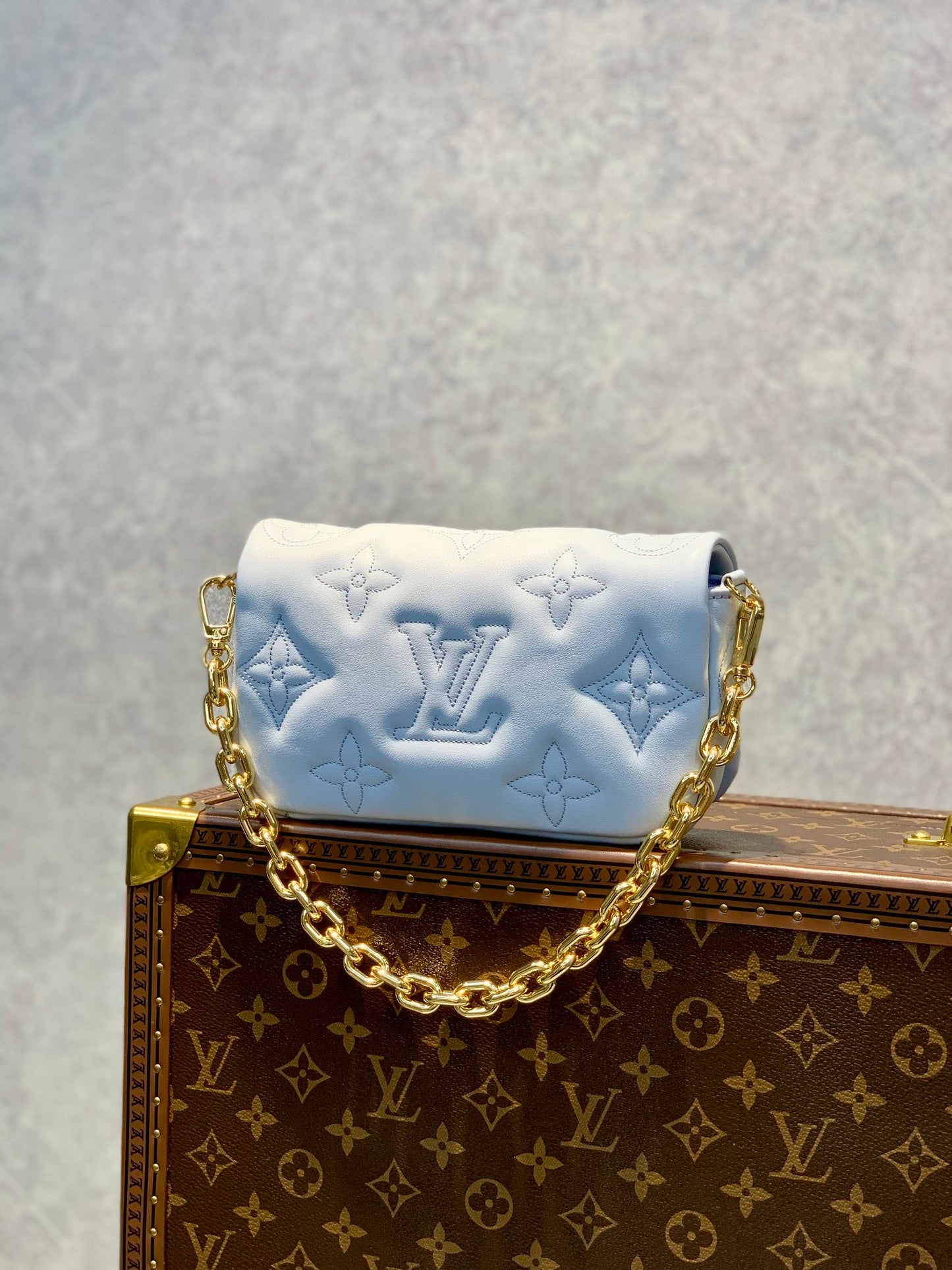 Louis Vuitton Light Blue Embossed Crossbody Bag with Wide Strap and Gold Chain