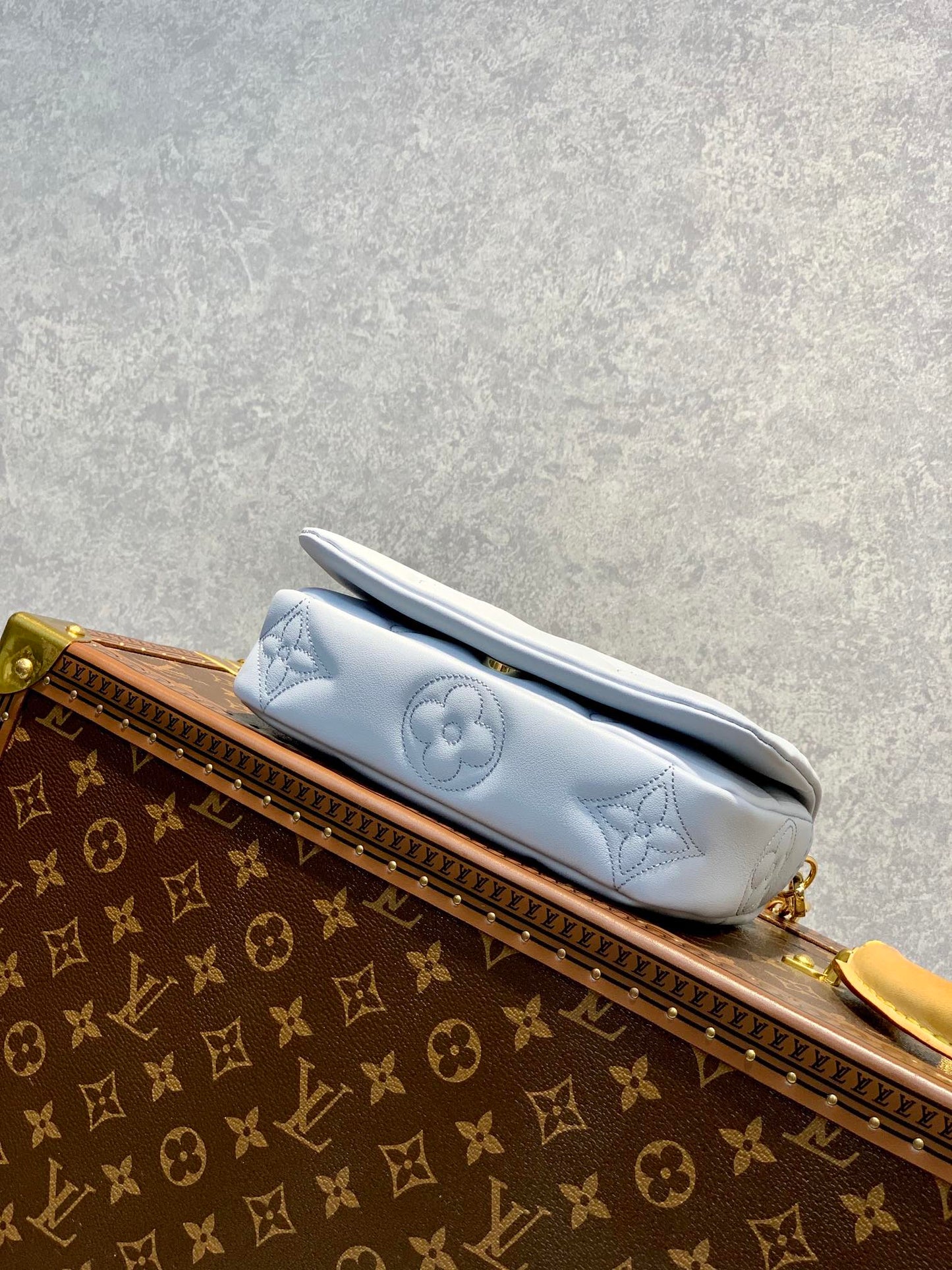 Louis Vuitton Light Blue Embossed Crossbody Bag with Wide Strap and Gold Chain