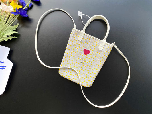 Gogy Cute Yellow Patterned Mini Crossbody Bag with Embroidered Red Heart