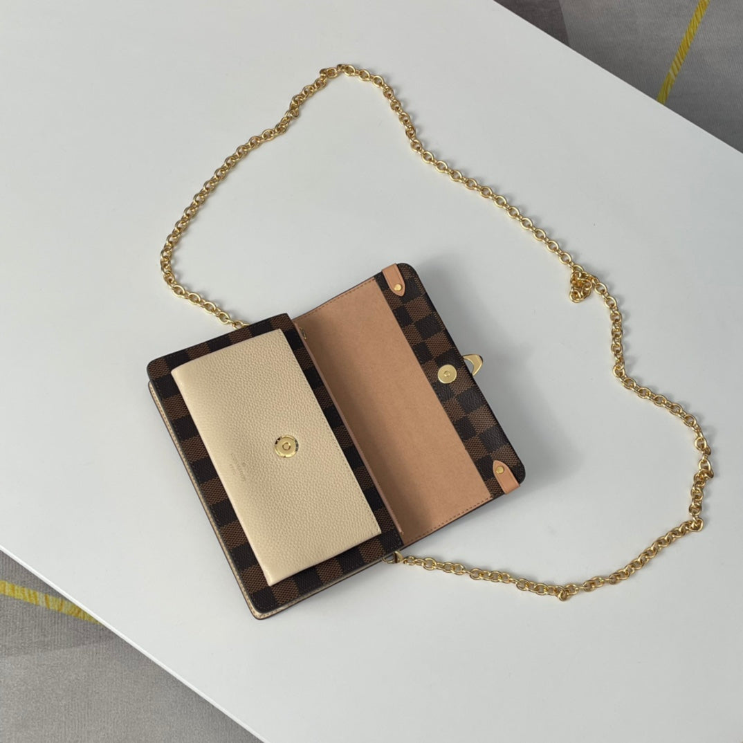 Louis Vuitton Brown Checkered Crossbody Bag with Gold Chain and Pink Accents