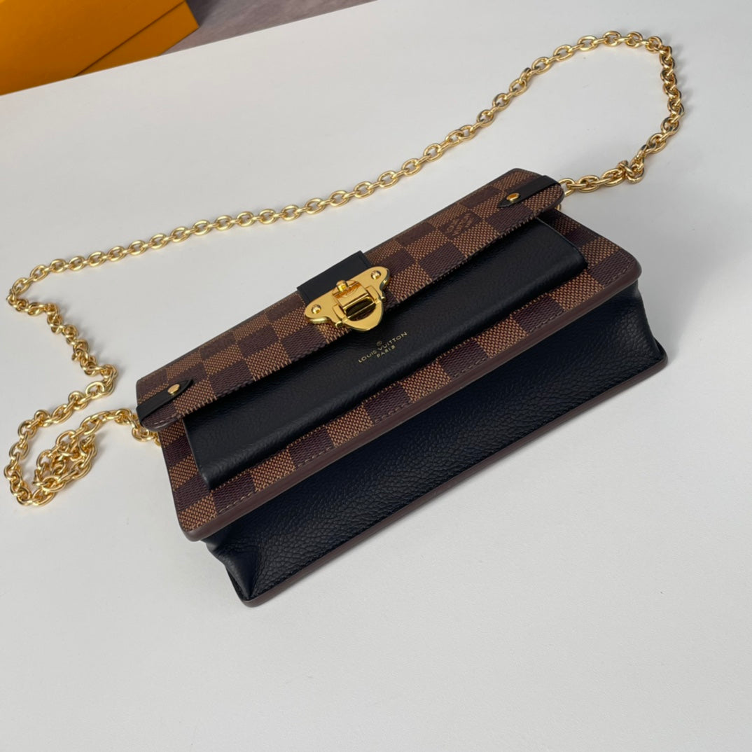 Louis Vuitton Classic Brown Checkered Crossbody Clutch Bag with Gold Chain