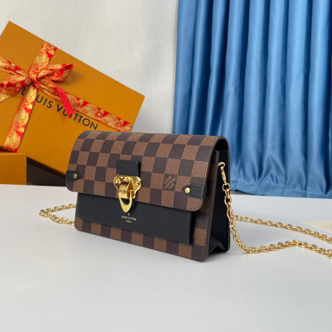 Louis Vuitton Classic Brown Checkered Crossbody Clutch Bag with Gold Chain