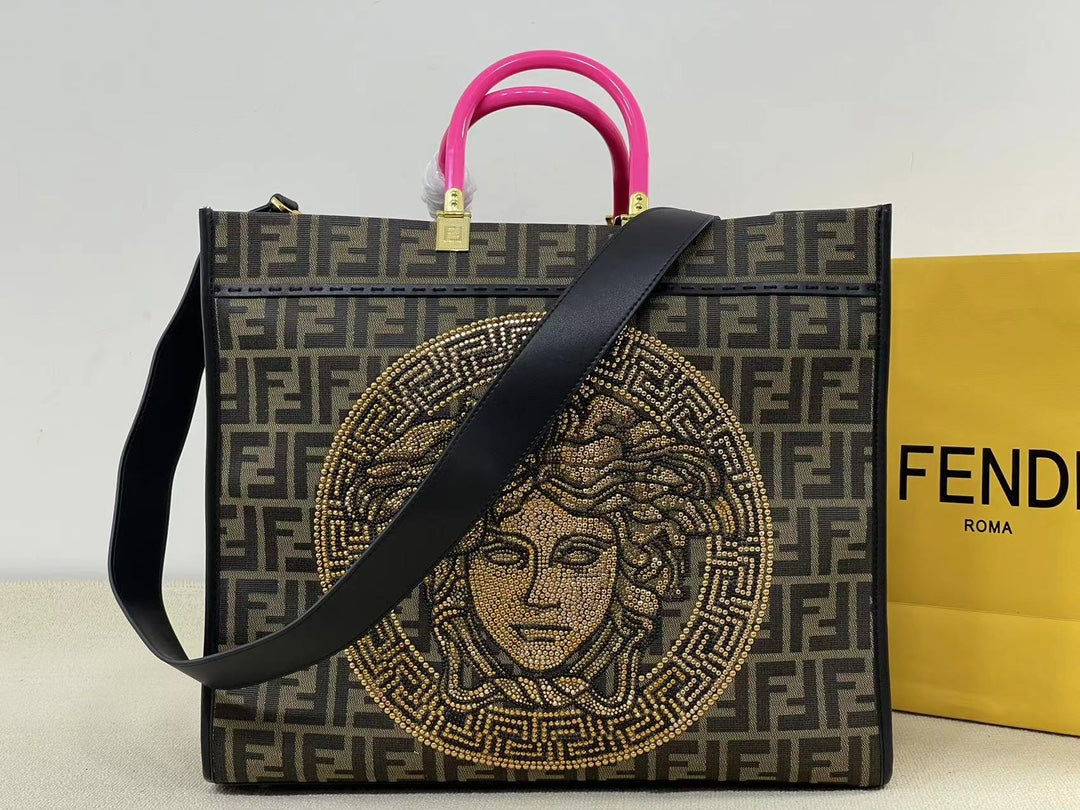 Fendi x Versace Fendace Sunshine Shopper Tote Bag - Brown FF Monogram with Gold Medusa