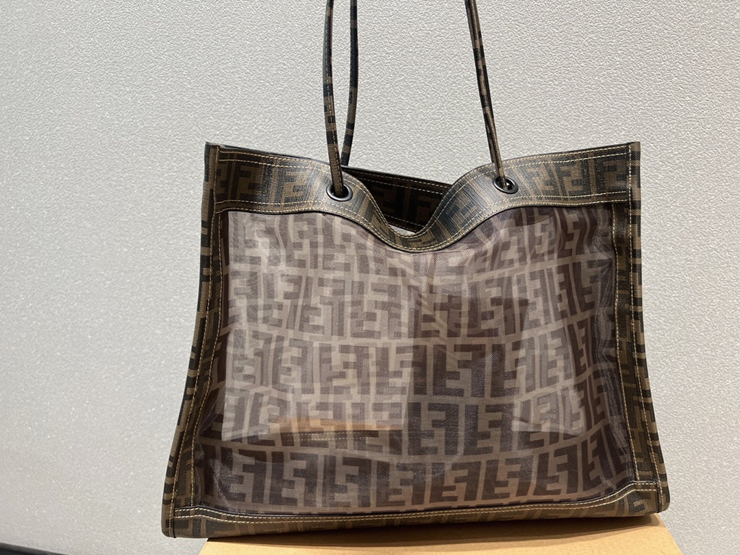 Fendi FF Monogram Mesh Tote Bag with Detachable Pouch - Brown