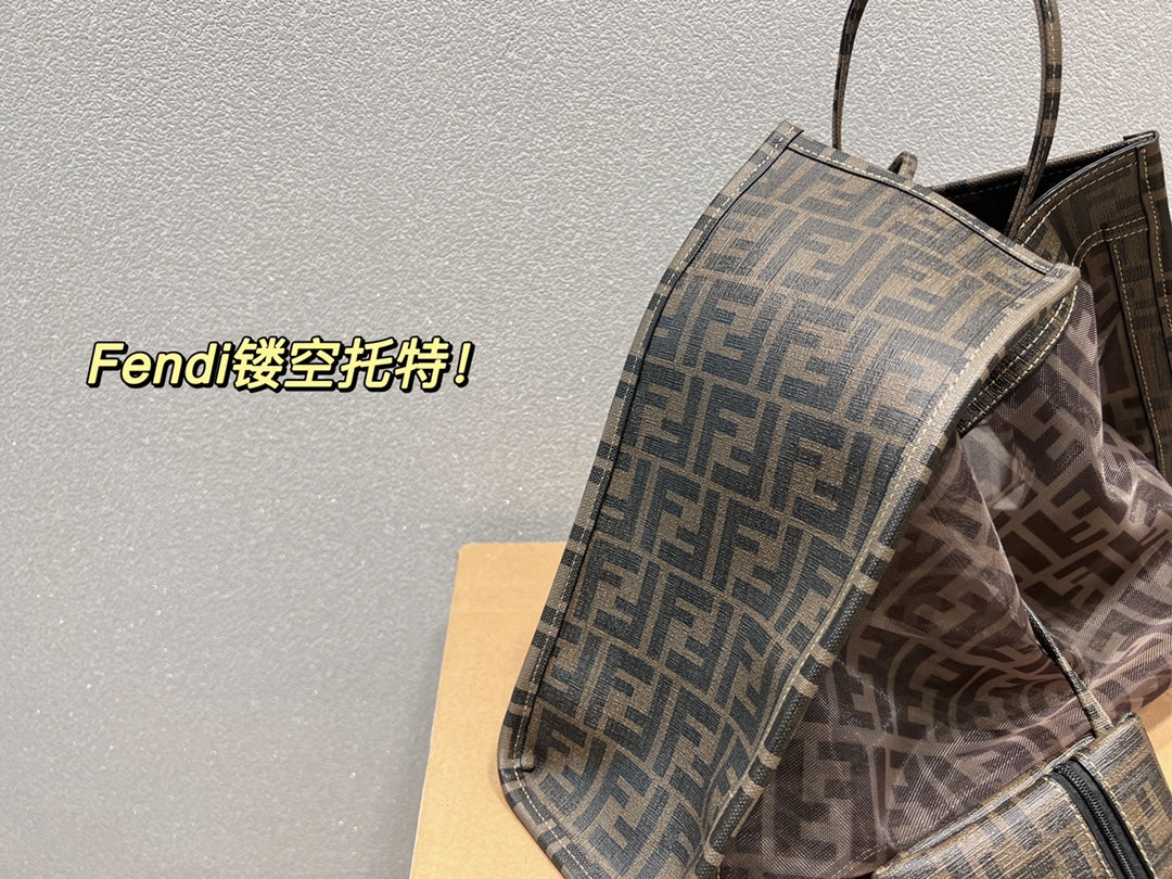 Fendi FF Monogram Mesh Tote Bag with Detachable Pouch - Brown