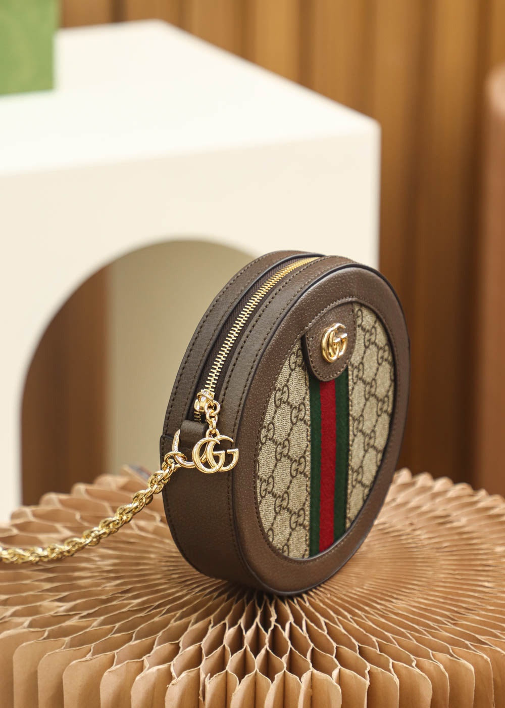 Gucci Vintage Round Monogram Canvas Crossbody Bag with Gold Chain Strap