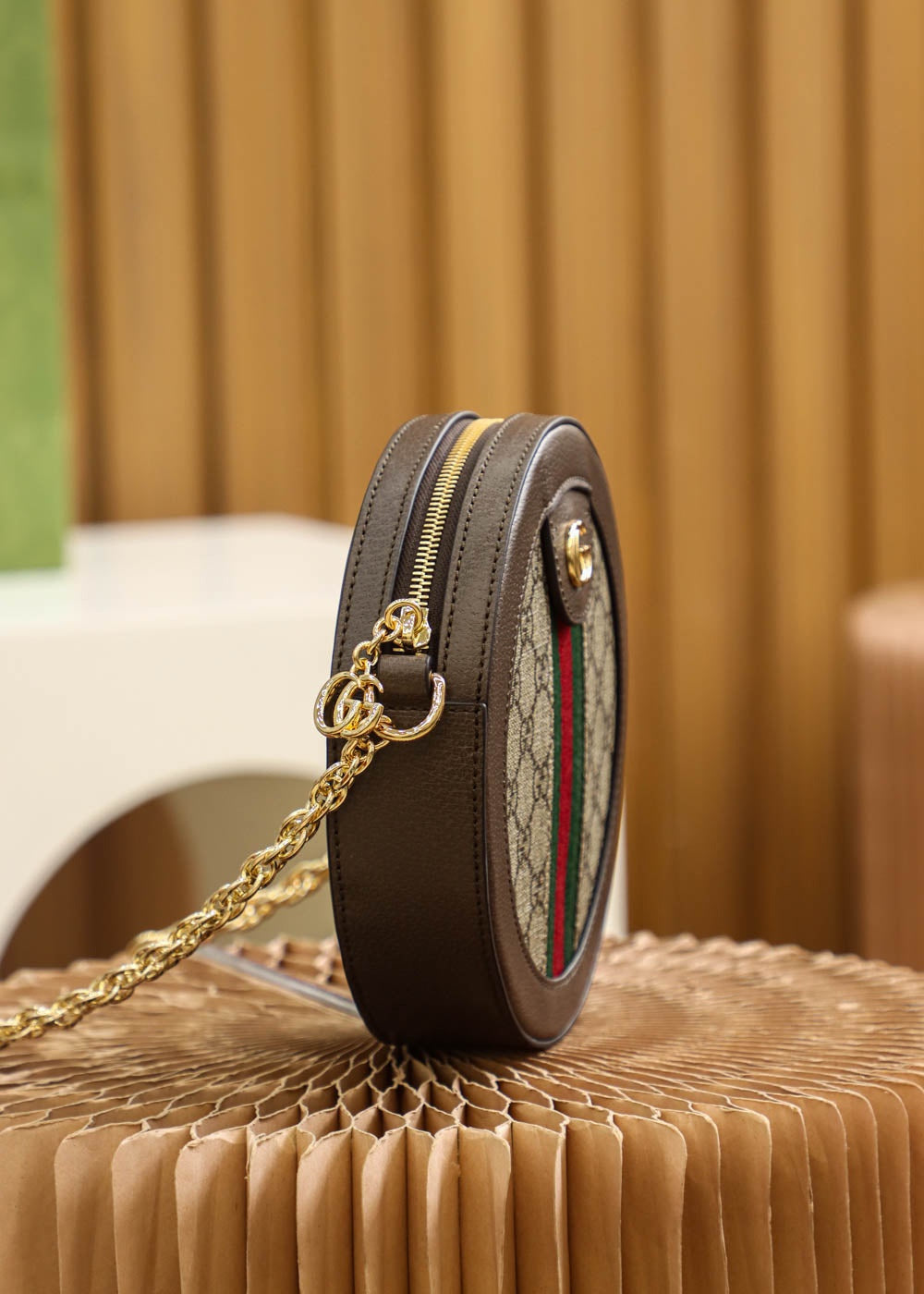 Gucci Vintage Round Monogram Canvas Crossbody Bag with Gold Chain Strap