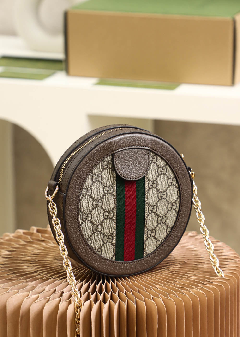 Gucci Vintage Round Monogram Canvas Crossbody Bag with Gold Chain Strap